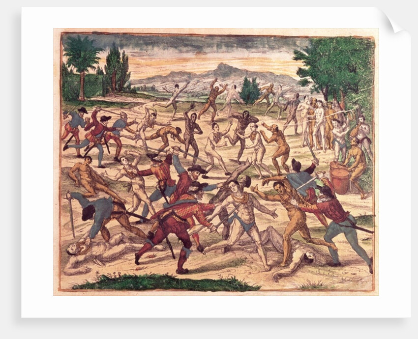 Pedro de Alvarado and his soldiers massacring the Aztecs, c.1520 by Theodor de Bry