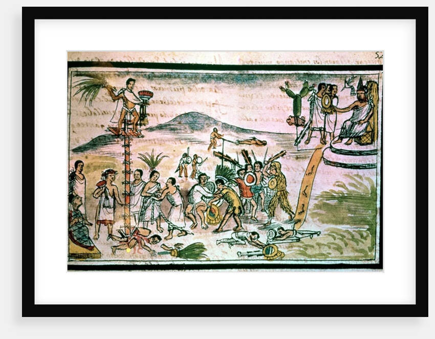 Aztec warriors engage in a ceremonial battle known as the Flowery War, in order to capture future victims for sacrifice by Spanish School
