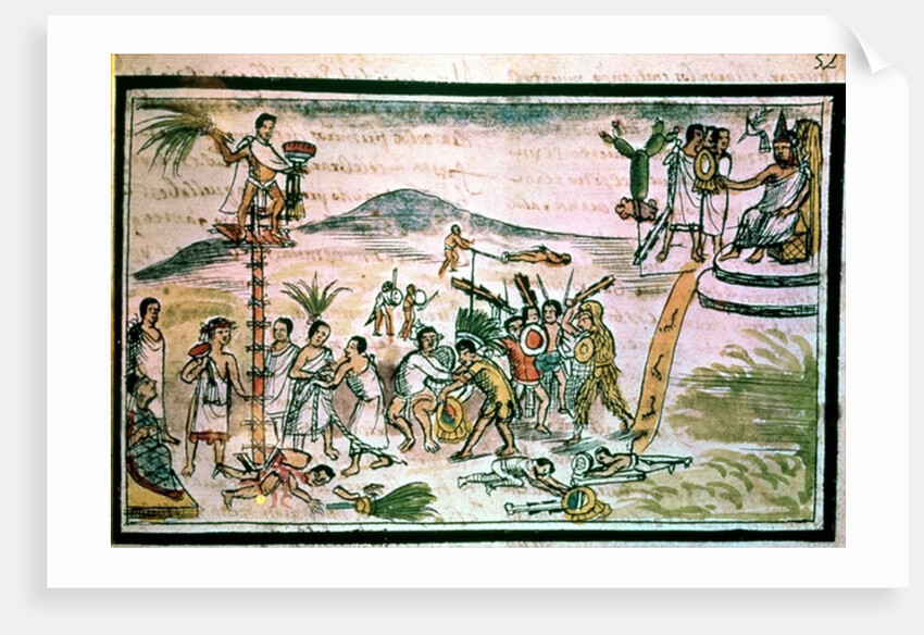 Aztec warriors engage in a ceremonial battle known as the Flowery War, in order to capture future victims for sacrifice by Spanish School