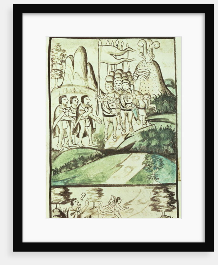 Cortes entering the Valley of Mexico between the volcanoes of Popocatepetl and Ixtaccihuatl by Mexican School