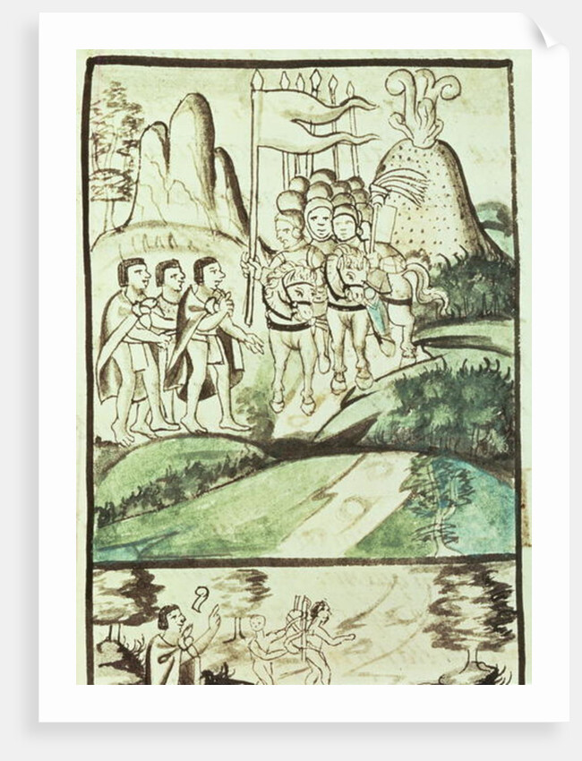 Cortes entering the Valley of Mexico between the volcanoes of Popocatepetl and Ixtaccihuatl by Mexican School