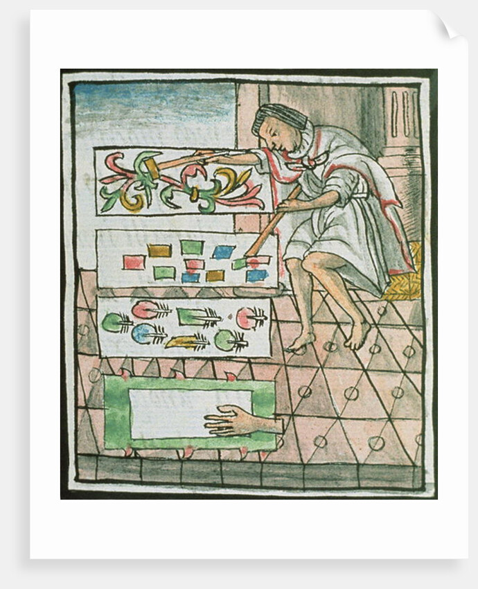 Book IX Aztec feather artisan designing and cutting patterns by Spanish School