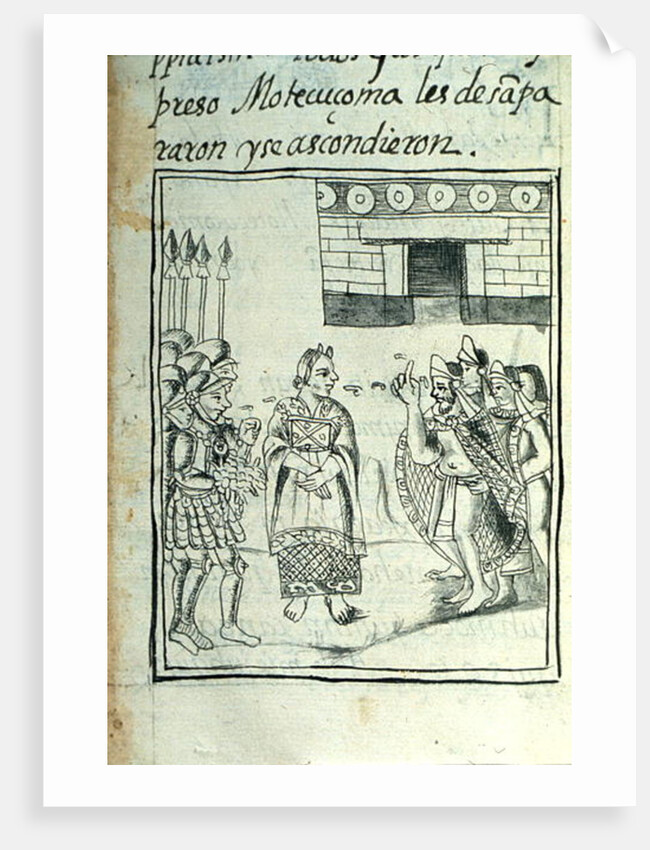 Marina interpreting for the Spaniards at a meeting between Hernando Cortes and Montezuma by Spanish School