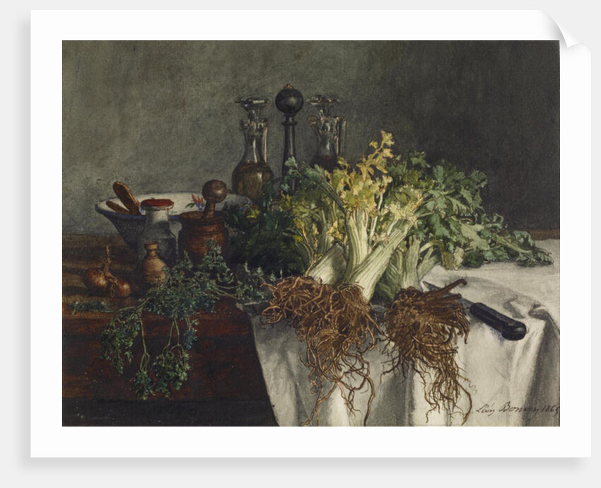 Still Life on Kitchen Table with Celery, Parsley, Bowl and Cruets, 1865 by Leon Bonvin