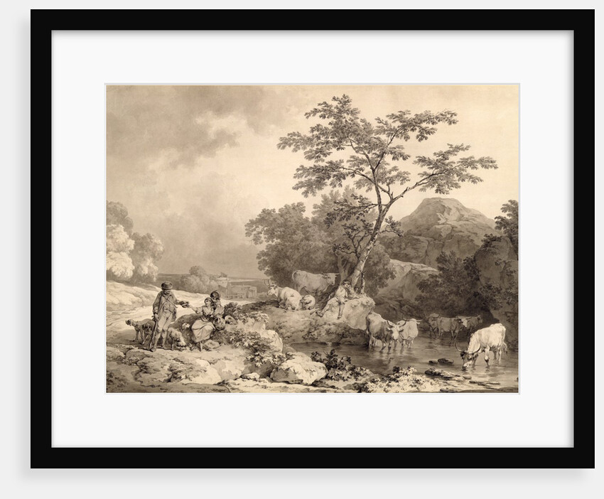 Figures by a stream with cattle watering by Philip James de Loutherbourg