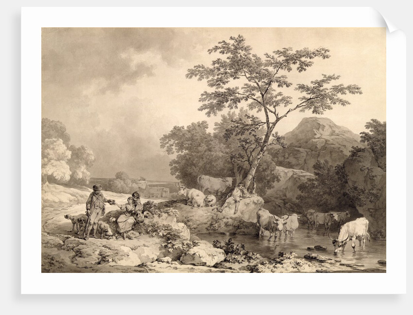 Figures by a stream with cattle watering by Philip James de Loutherbourg