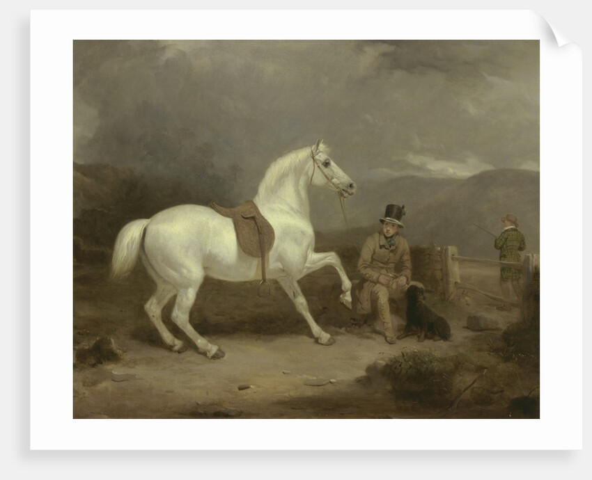 Mr. Johnstone King's Grey Shooting Pony Waiting with a Groom on a Scottish Moor, 1835 by Thomas Woodward