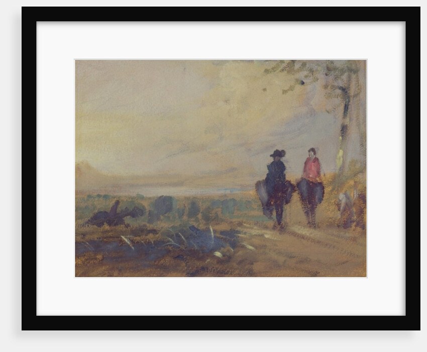 Landscape with Lake and two Figures Riding, previously attributed to J.M.W. Turner and also attributed to Peter de Wint, 1815-25 by English School