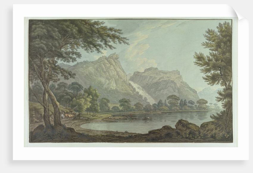 Lodore Rocks - fall & cottage distance by Joseph Farington