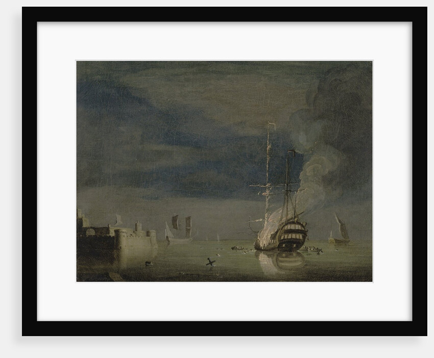 A Two-Decker on Fire at Night off a Fort, c.1740 by Charles Brooking
