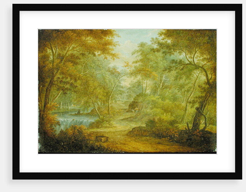 A Wooded Landscape with a Stream and a Fisherman by Thomas Smith of Derby