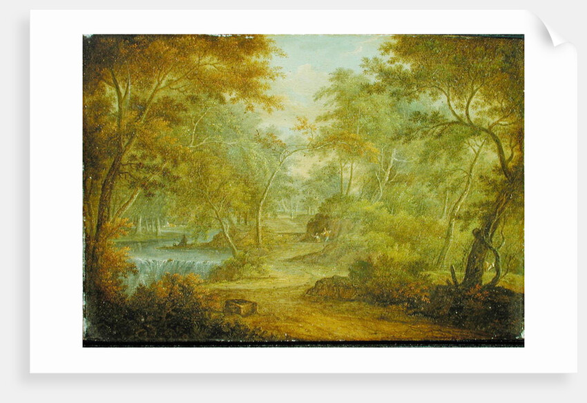 A Wooded Landscape with a Stream and a Fisherman by Thomas Smith of Derby