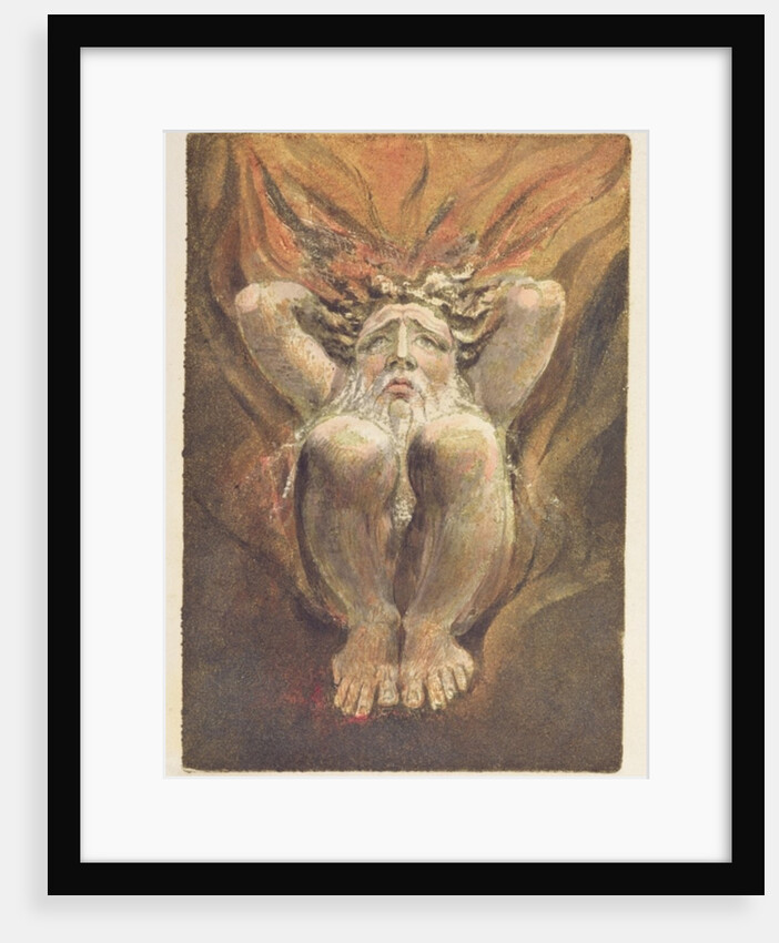 A naked man crouched in flames, with his hands behind his head by William Blake