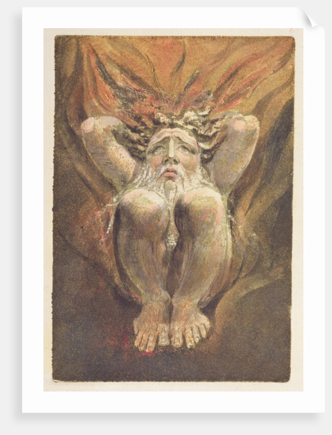 A naked man crouched in flames, with his hands behind his head by William Blake