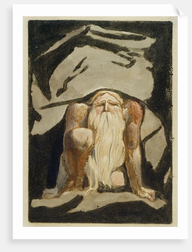 A naked man with a long beard kneeling with one knee raised and both hands on the ground by William Blake