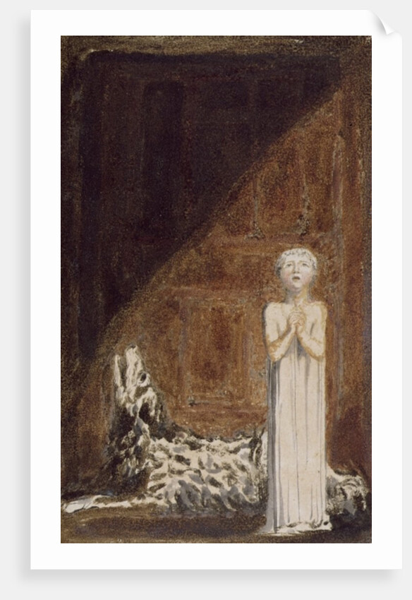 A boy in a long dress, standing with clasped hands next to a dog by William Blake