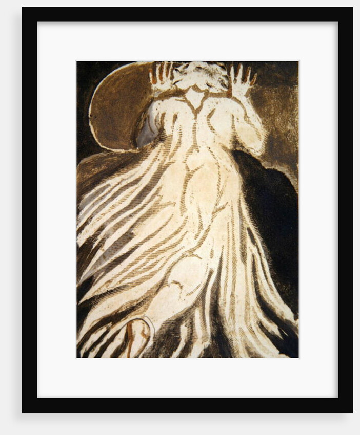 A white haired man in a long, pale robe who flees from us with his hands raised by William Blake