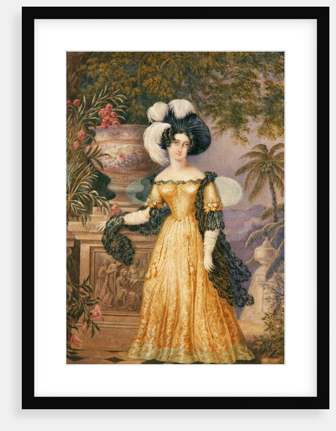 Lady Rowe, standing small full length on a terrace, a moonlit Jamaican landscape beyond by Isaac Mendes Belisario
