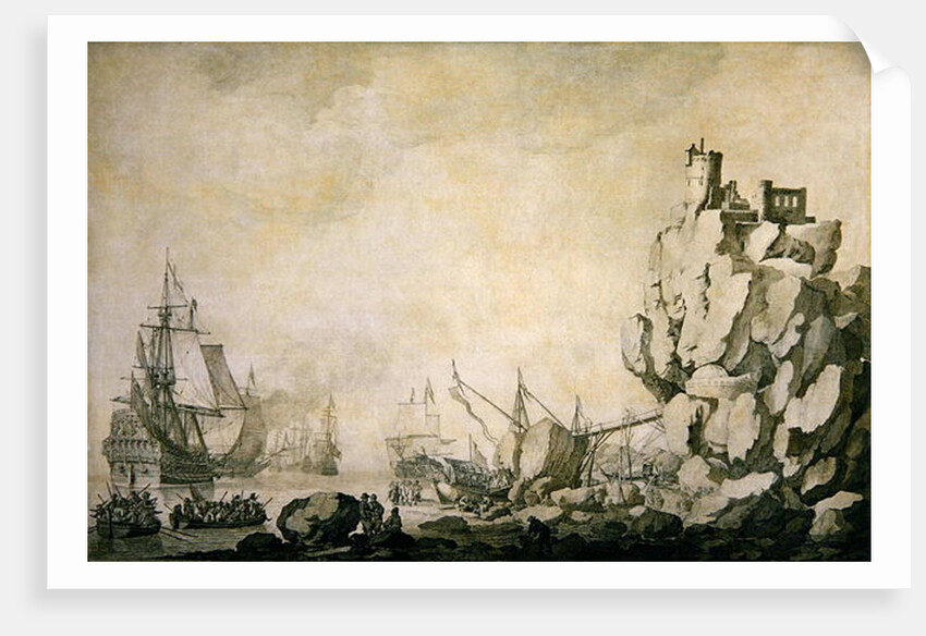 Ships and militia by a rocky shore, c.1680 by Willem van de the Elder Velde