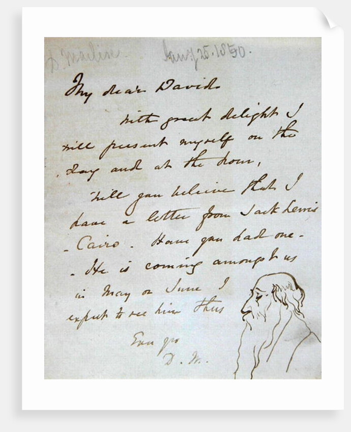 Sketch of a bearded man in profile in a letter to David Roberts by Daniel Maclise