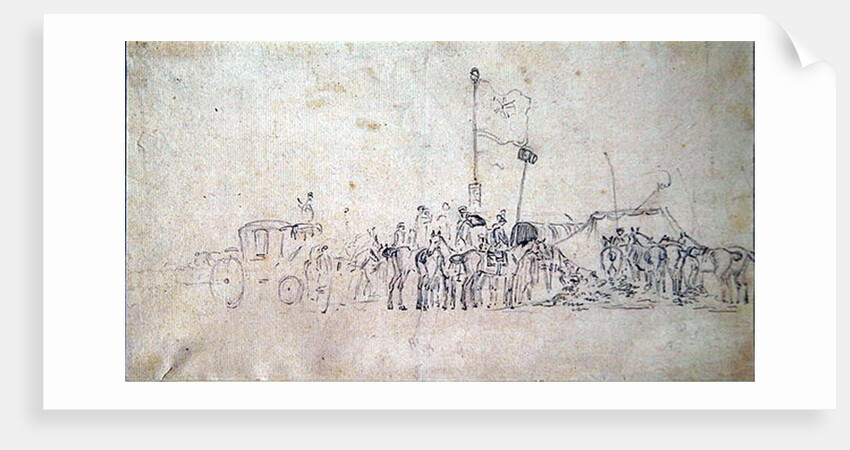 A Gathering of horsemen with coach, tents and flags by Sawrey Gilpin