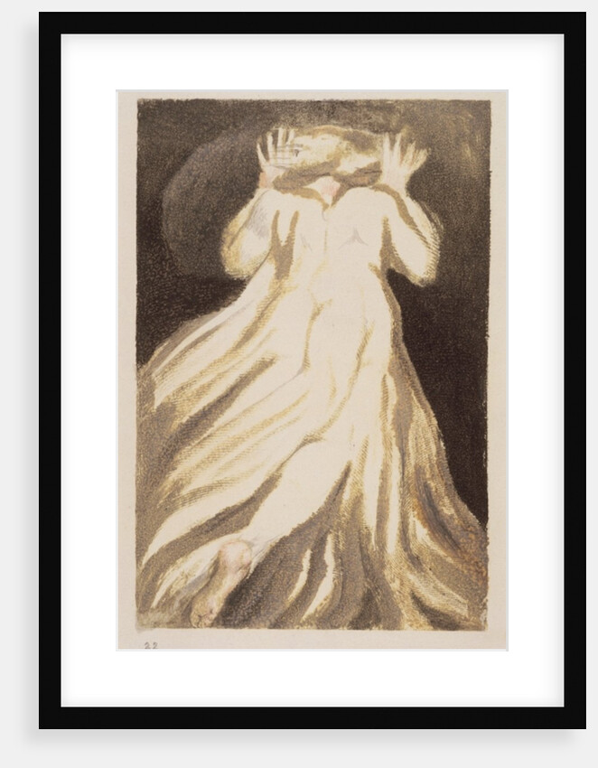 A white haired man in a long, pale robe who flees from us with his hands raised by William Blake