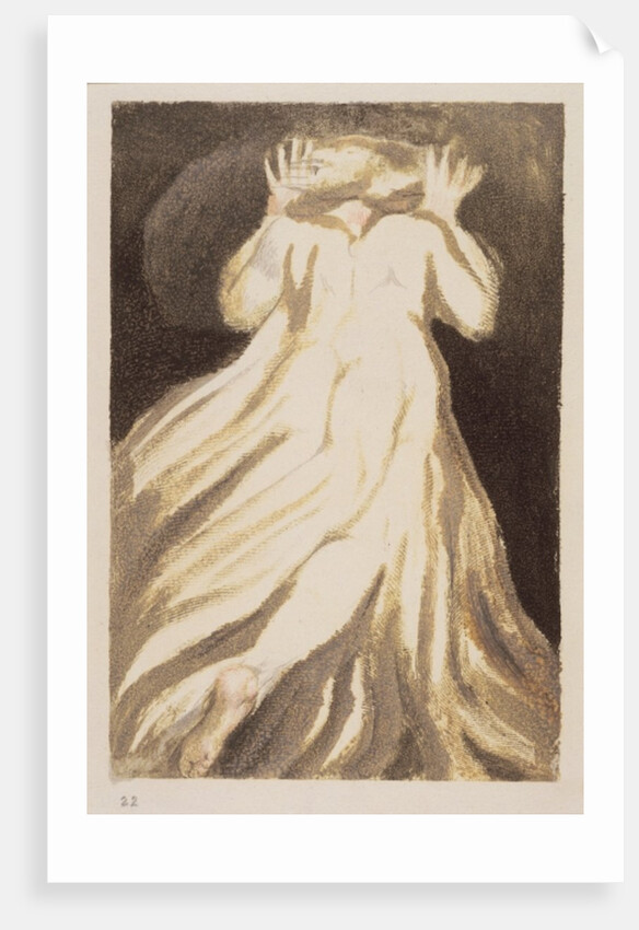 A white haired man in a long, pale robe who flees from us with his hands raised by William Blake
