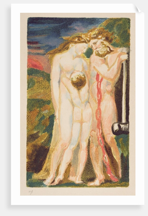 A nude woman looking down at a half-grown boy by William Blake