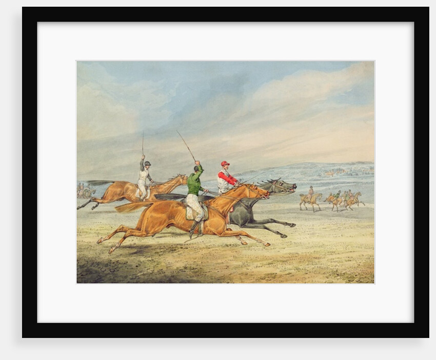 Steeplechasing: Three Riders galloping to right, mounted spectators in background by Henry Thomas Alken