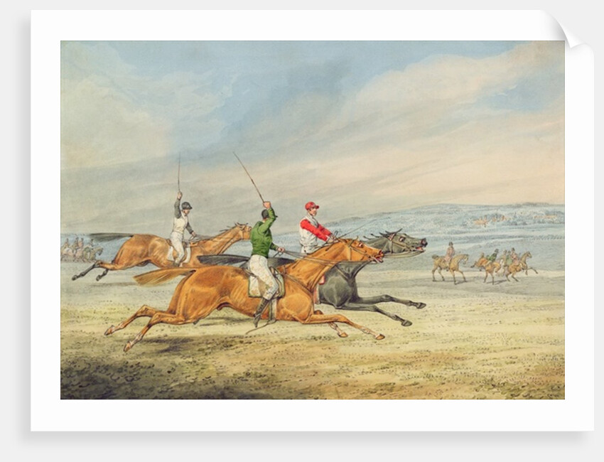 Steeplechasing: Three Riders galloping to right, mounted spectators in background by Henry Thomas Alken