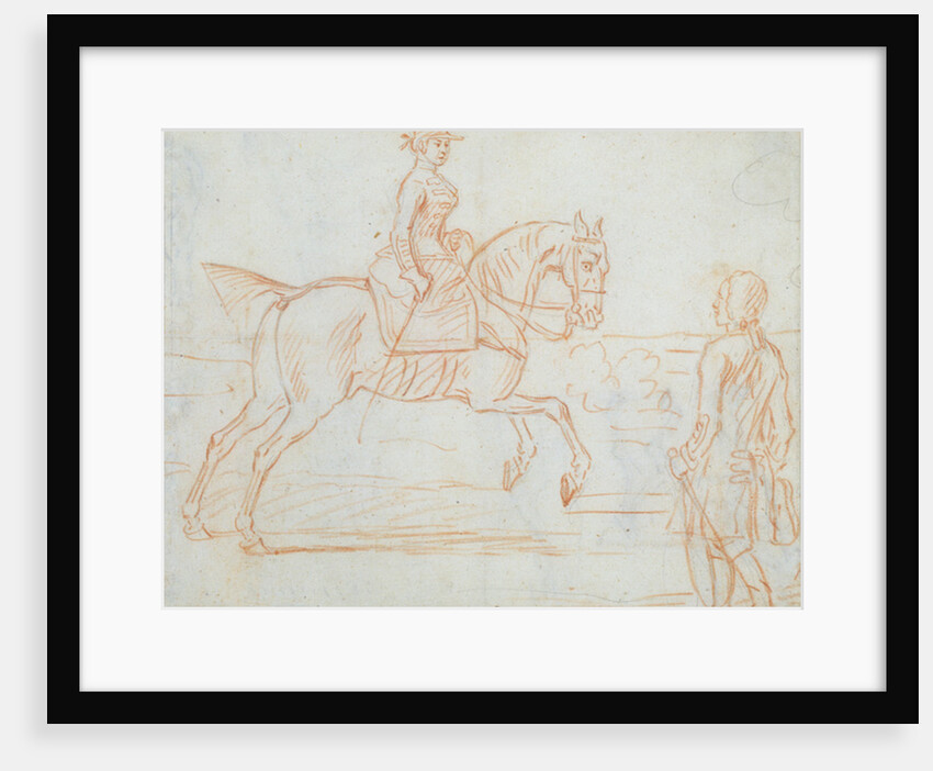 A lady riding side-saddle turns to look at a dismounted rider by James Seymour