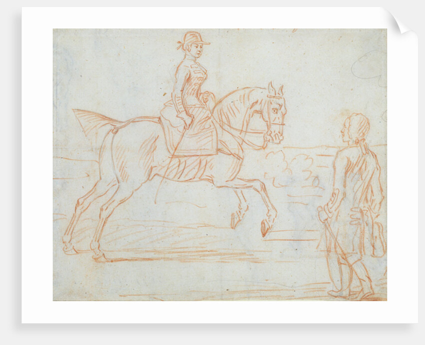 A lady riding side-saddle turns to look at a dismounted rider by James Seymour