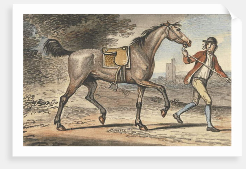Stable boy leading a trotting Horse in a landscape with a castle tower by John Collet