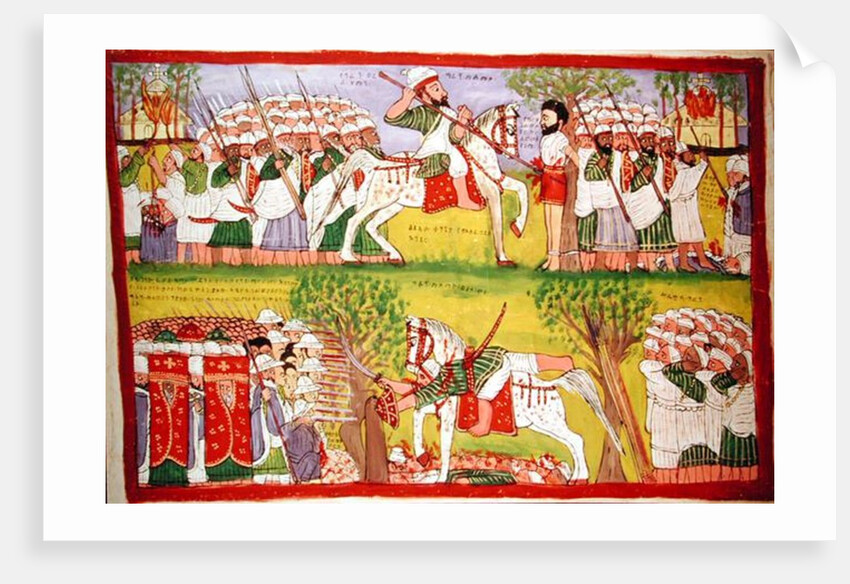 Burning of Churches by Muslims and the Death of Cristobal de Gama and the Fall and Death of Ahmed ibn Ibrahim al-Ghazi Shot by a Portuguese Musketeer, c.1900 by Kegneketa Jemlieri Hailu of Gondar