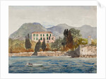 Rowing barge with the Borbone flag approaching a large house on the Neapolitan coast, with additions by Prince Gaetano Maria Federico di Borbone by Giacinto Gigante