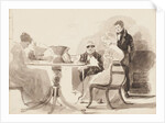 Man standing at a table with three seated women by John Harden