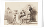 Man standing at a table with three seated women by John Harden