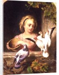 Girl Feeding Pigeons by English School
