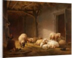 A Sunlit Barn with Ewes, Lambs and Chickens by Eugene Joseph Verboeckhoven