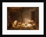 A Sunlit Barn with Ewes, Lambs and Chickens by Eugene Joseph Verboeckhoven
