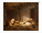 A Sunlit Barn with Ewes, Lambs and Chickens by Eugene Joseph Verboeckhoven