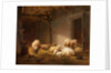 A Sunlit Barn with Ewes, Lambs and Chickens by Eugene Joseph Verboeckhoven