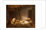 A Sunlit Barn with Ewes, Lambs and Chickens by Eugene Joseph Verboeckhoven