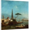 Obelisk beside the entrance to a walled harbour by Francesco Guardi