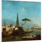 Obelisk beside the entrance to a walled harbour by Francesco Guardi