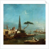 Obelisk beside the entrance to a walled harbour by Francesco Guardi