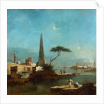 Obelisk beside the entrance to a walled harbour by Francesco Guardi