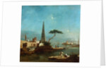Obelisk beside the entrance to a walled harbour by Francesco Guardi