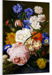 Roses, morning glory, narcissi, aster and other flowers in a basket, with eggs in a nest on a marble ledge, 1744 by Jan van Huysum