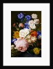 Roses, morning glory, narcissi, aster and other flowers in a basket, with eggs in a nest on a marble ledge, 1744 by Jan van Huysum